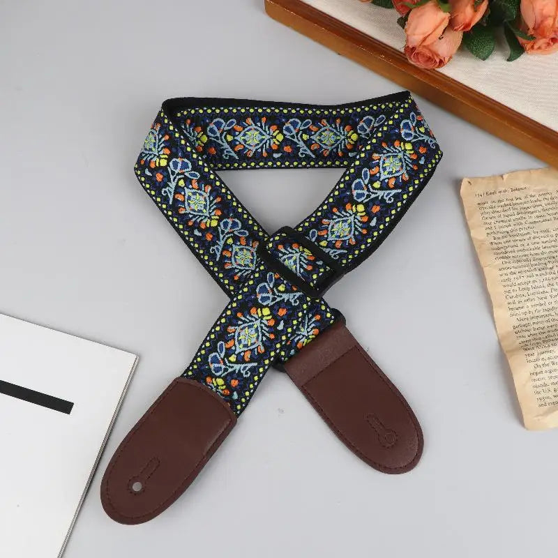 Embroidered Guitar Strap – Adjustable PU Leather & Cotton