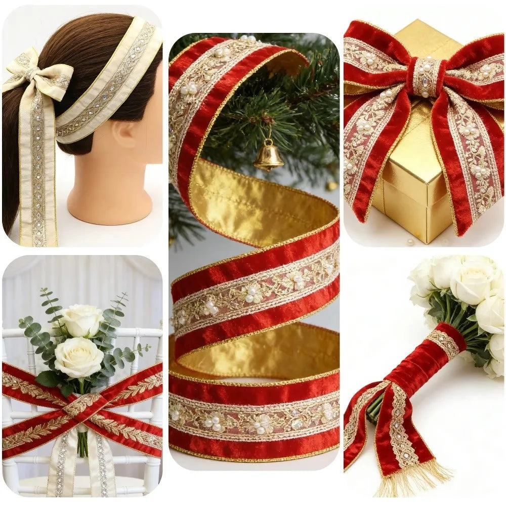 Velvet Lace Ribbon 63mm Golden Leaf Pattern – 2 Yards Roll