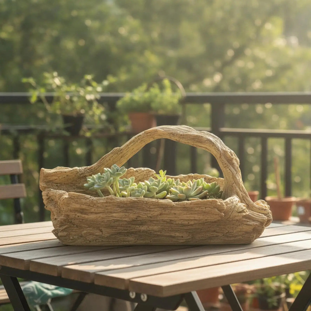 Resin Hollow Log Planter with Handle – Rustic Beige Decor