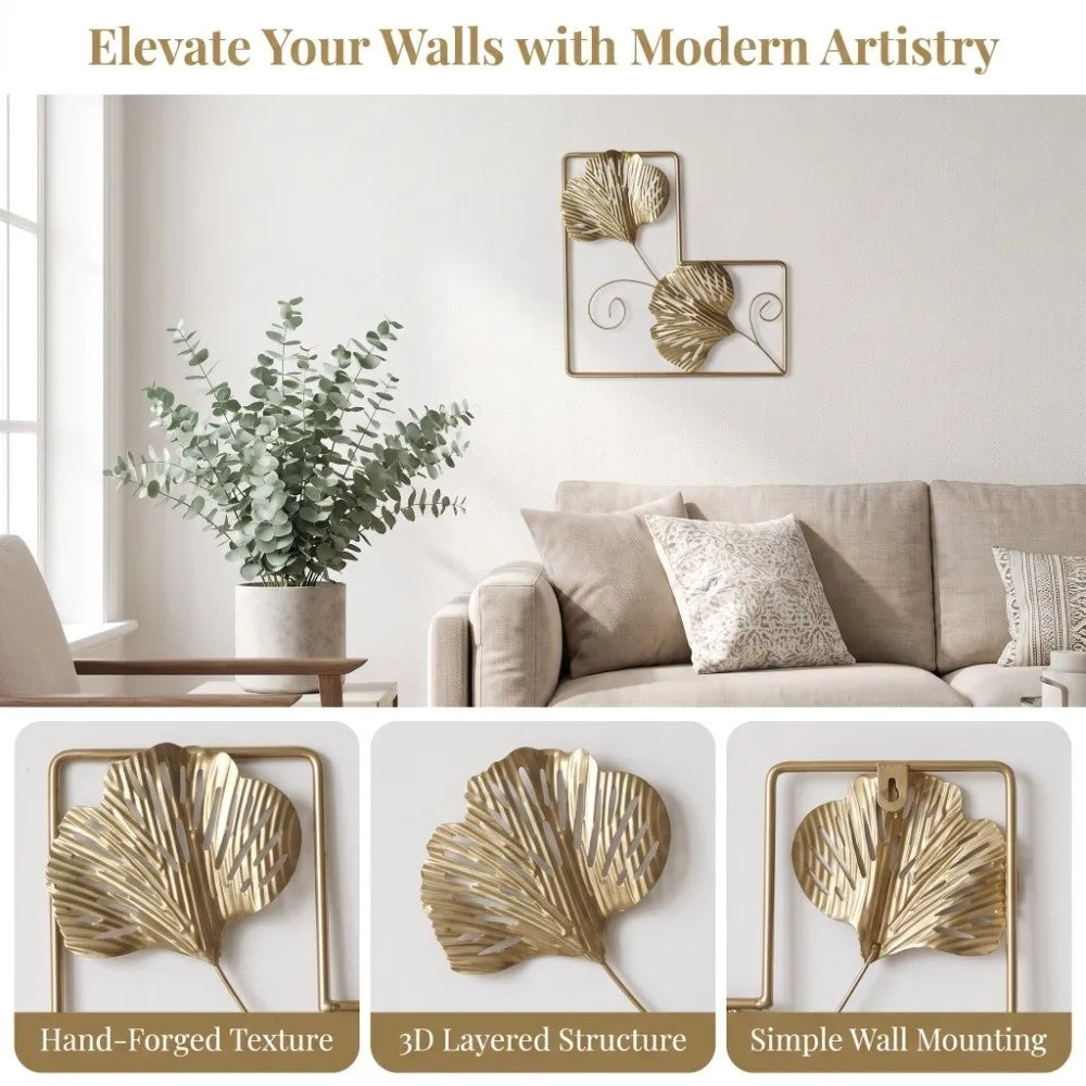 Gold Ginkgo Leaf Metal Wall Art – 7.9" Wrought Iron Decor