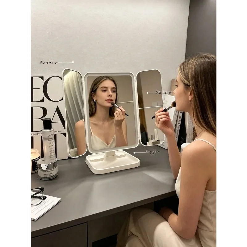 Trifold LED Makeup Mirror – Dimmable 3X/2X/1X Vanity Light
