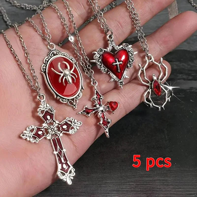 Gothic Pendant Necklace Set – 5 Pcs Heart, Bat & Cross