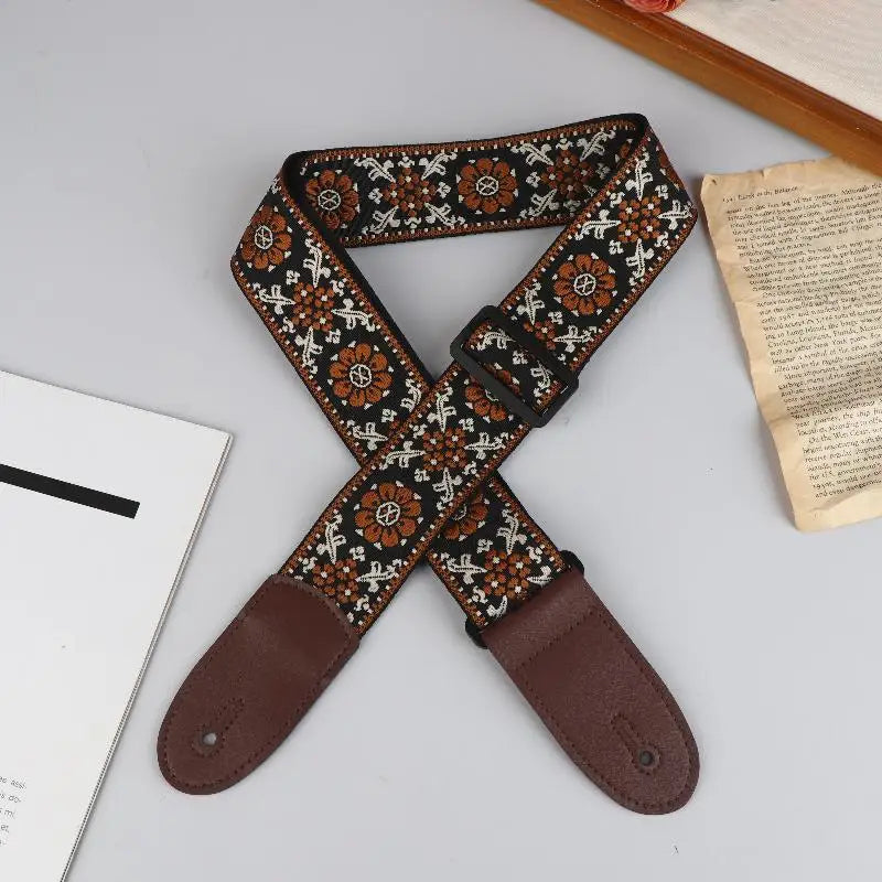 Embroidered Guitar Strap – Adjustable PU Leather & Cotton