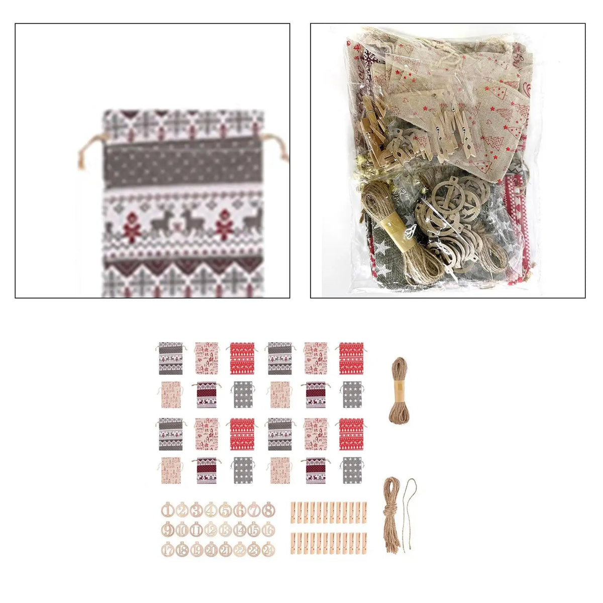 24-Pc Christmas Advent Calendar Burlap Bags with Clips