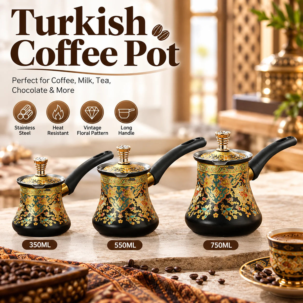Stainless Steel Turkish Coffee Pot | 350/550/750ml Gold Floral