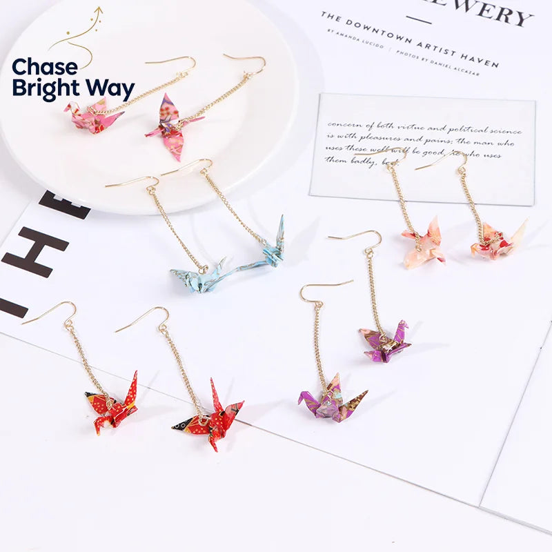 Origami Crane Dangle Earrings – Handcrafted Paper Bird Jewelry