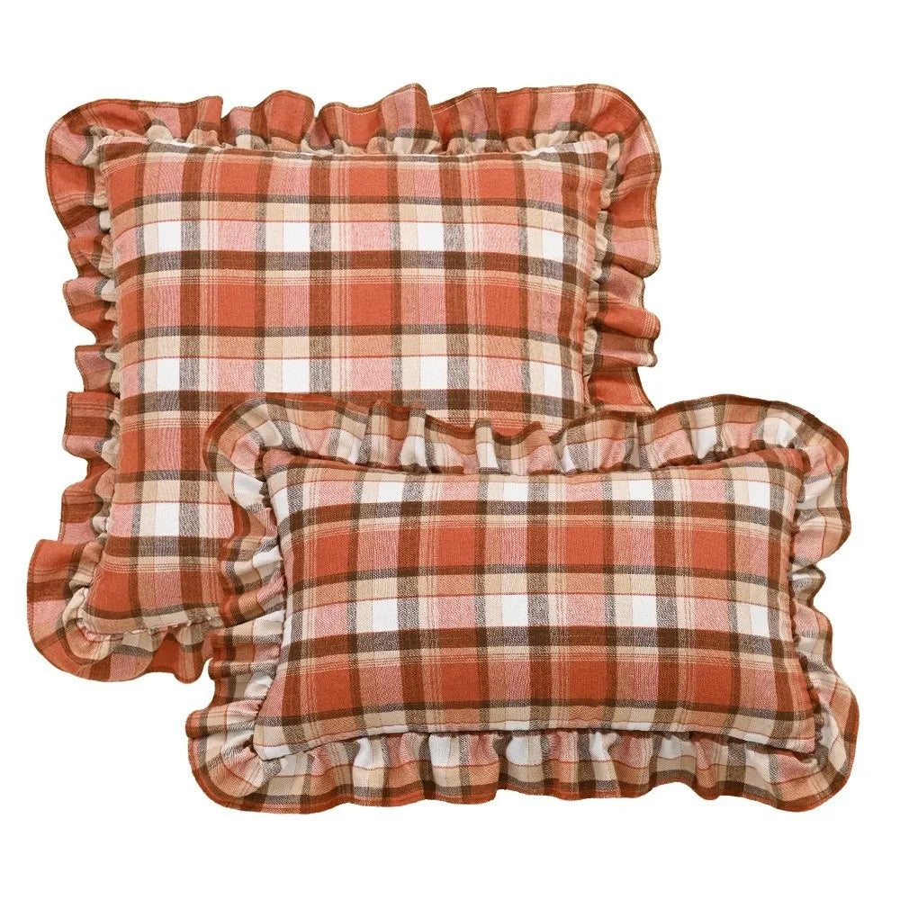 Tartan Plaid Throw Pillow Cover 18x18 Burnt Orange Ruffle Trim