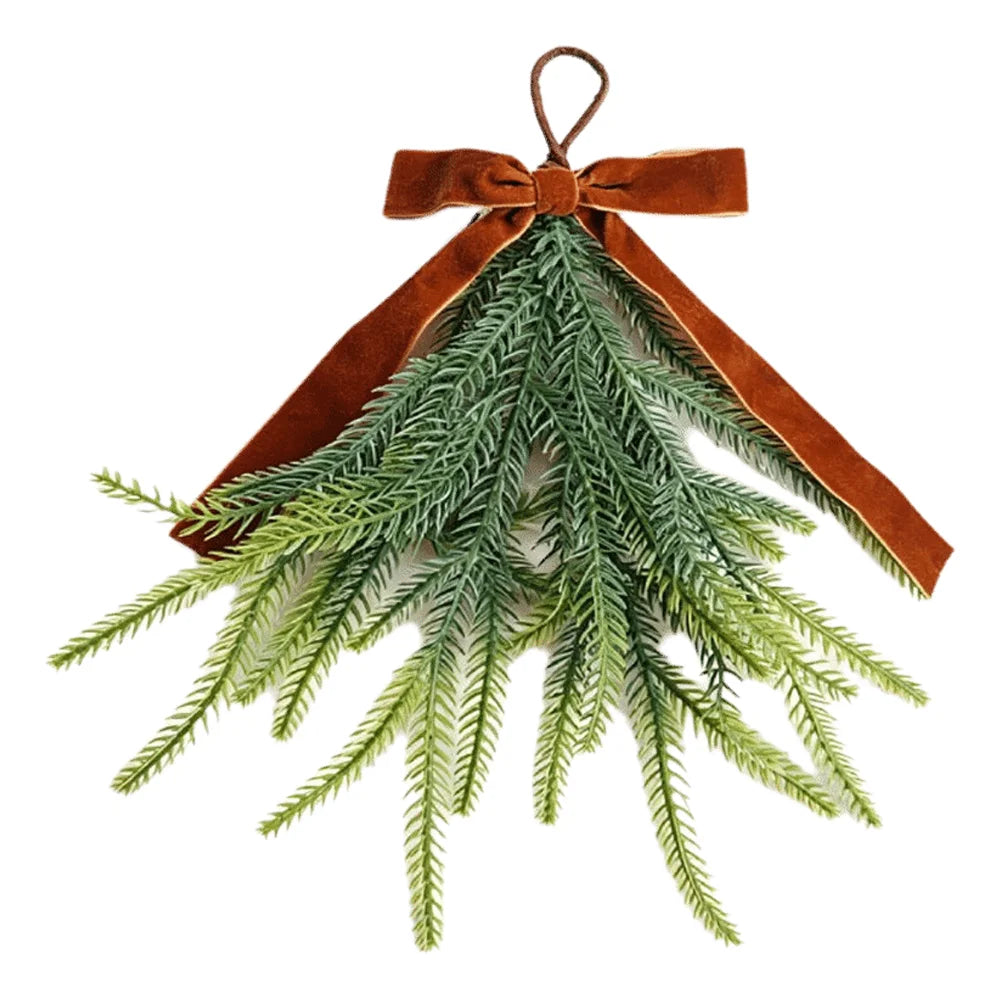Red Velvet Bow Artificial Pine Branch Christmas Swag Ornament