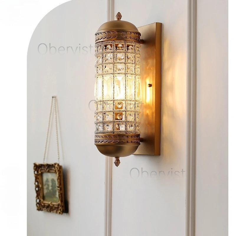 Vintage Crystal LED Wall Sconce | Gold Cylindrical Wall Lamp