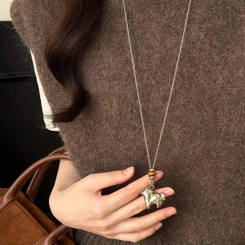 Women's Lamb Lariat Necklace – Tiger's Eye & CZ Pendant