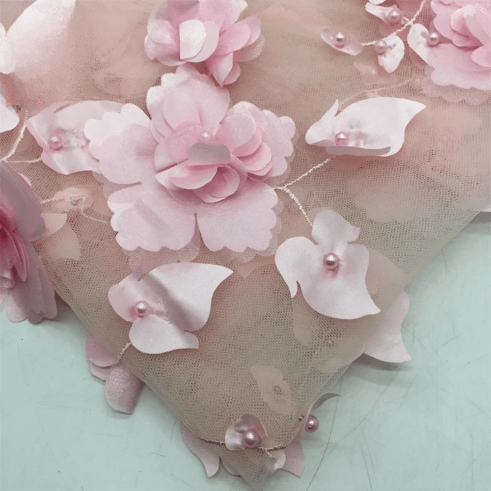 3D Flower Lace Fabric Bead Embroidery – 140cm x 1 Yard