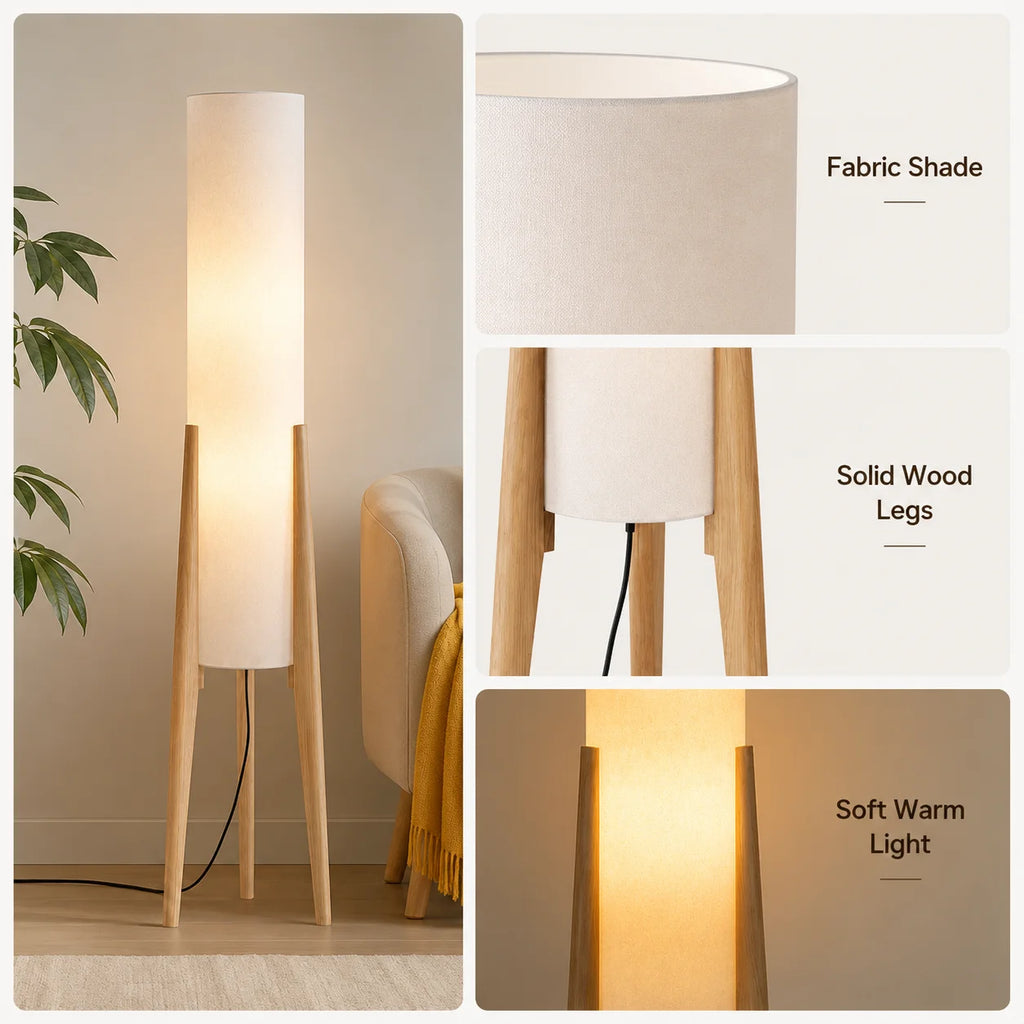 Walnut Wood Floor Lamp | Fabric Shade Warm Standing Light