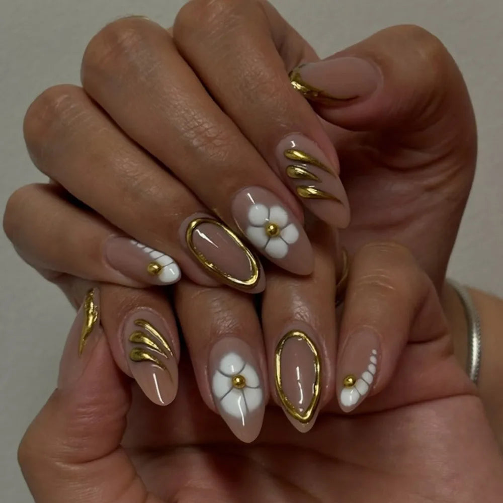 24-Piece Almond Press On Nails – Misty Blue Floral French Style