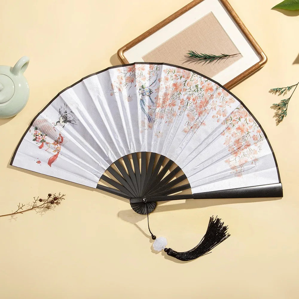Silk & Bamboo Vintage Folding Hand Fan – Colorful Tassel
