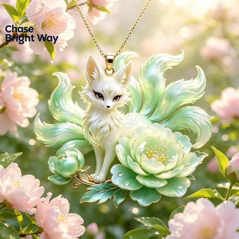 Nine Tailed Fox & Peony Pendant Necklace – Nickel Free