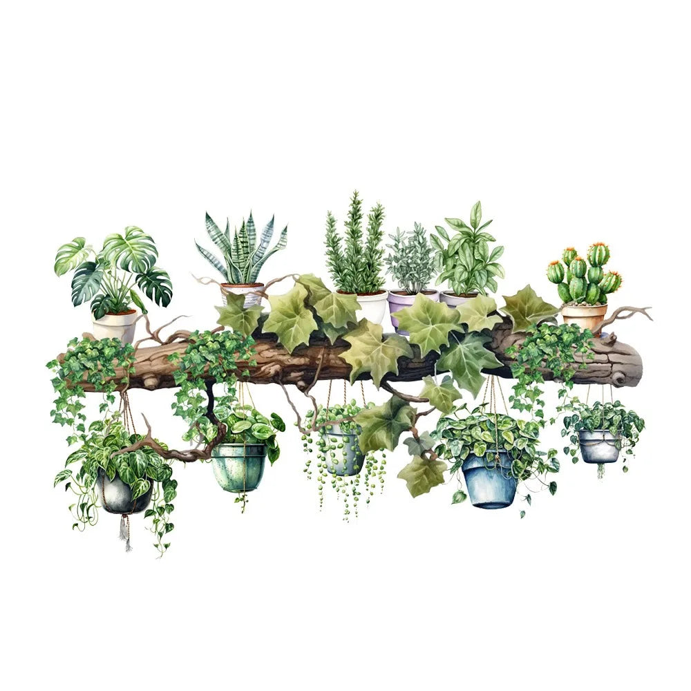 Green Vine Leaf Wall Sticker – Botanical PVC Decal | Hanging Basket