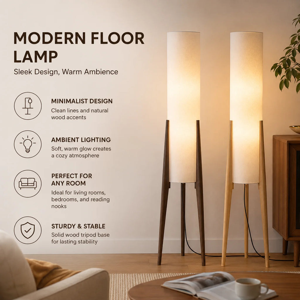 Walnut Wood Floor Lamp | Fabric Shade Warm Standing Light