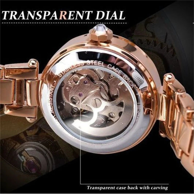 Women's Automatic Mechanical Watch – Hollow Dial Steel Band