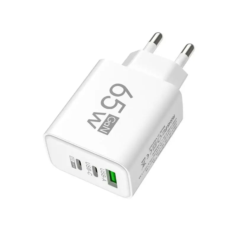 65W GaN 3-Port Fast Wall Charger – Dual USB-C + USB-A EU Plug