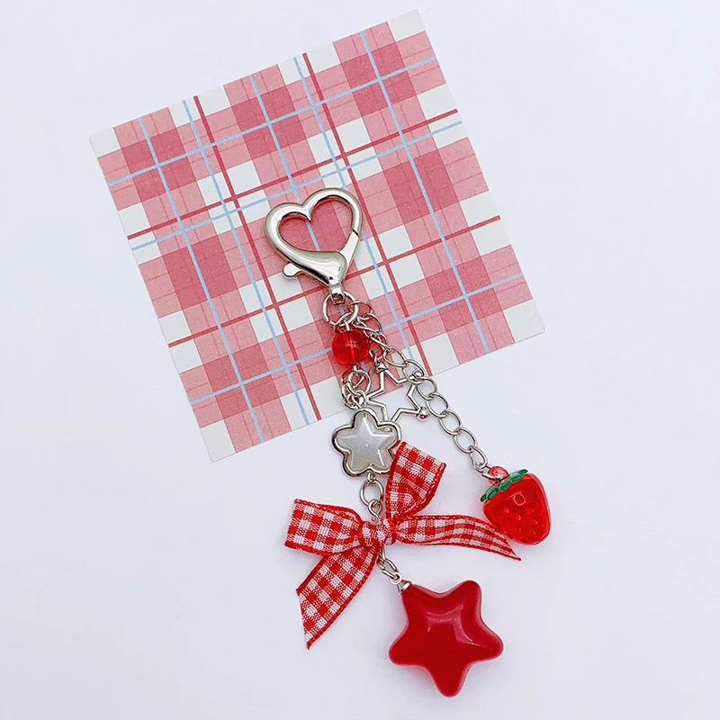 Strawberry Bow Beaded Keychain – Cute Phone Lanyard Pendant