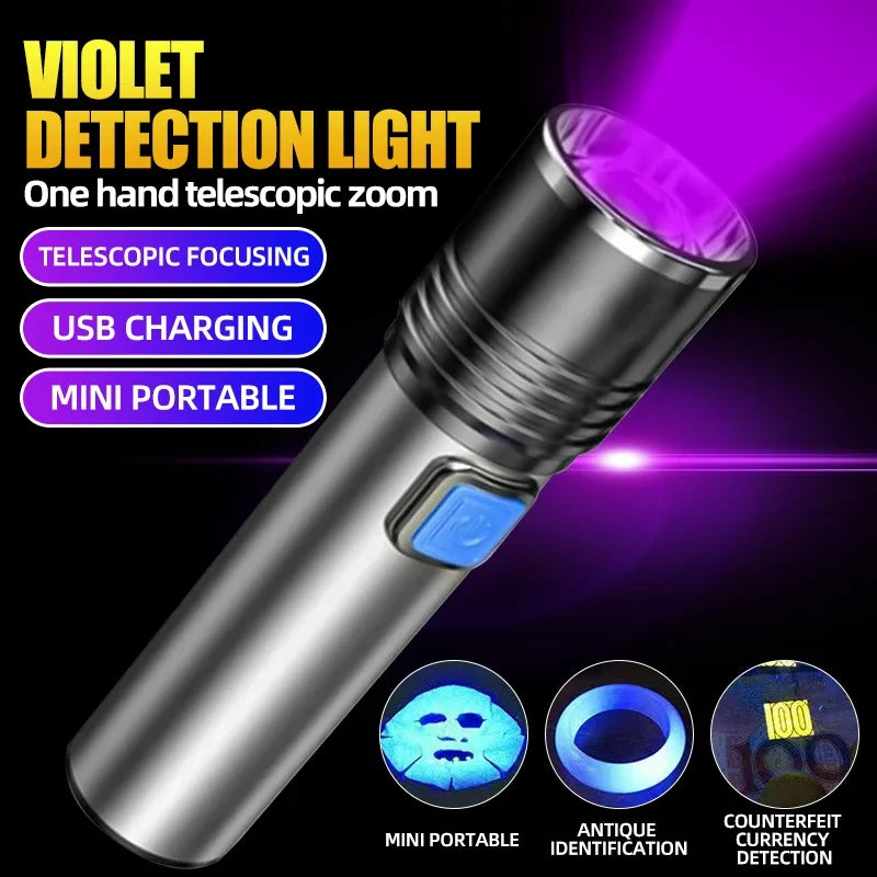 UV Black Light Flashlight 395nm Zoomable USB Rechargeable Torch