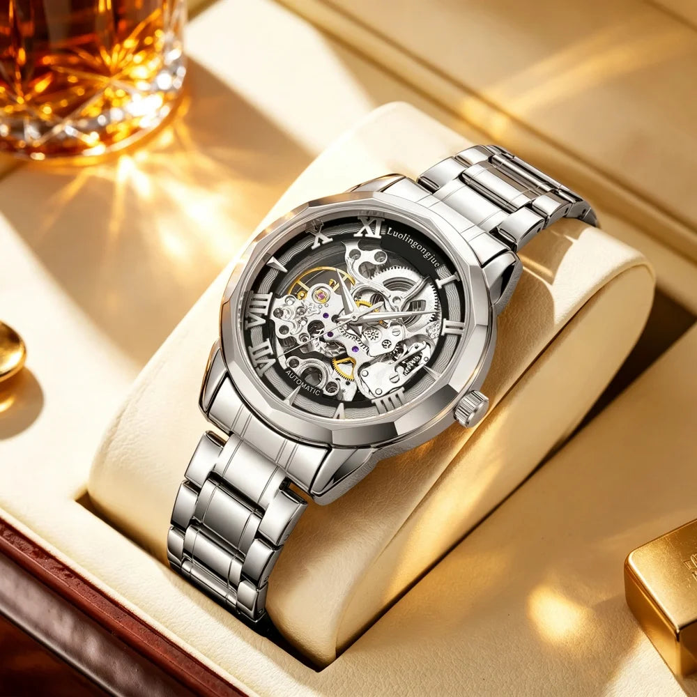 Skeleton Automatic Men's Watch | Roman Numeral Steel Band