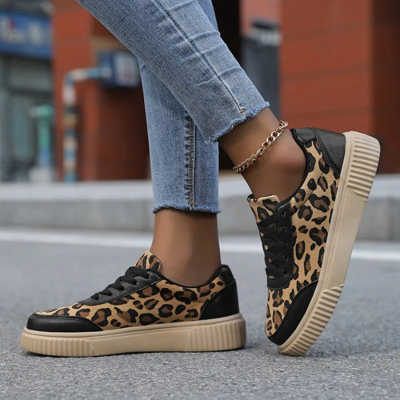 Women's Leopard Print Canvas Sneakers – Lace-Up Casual Shoes