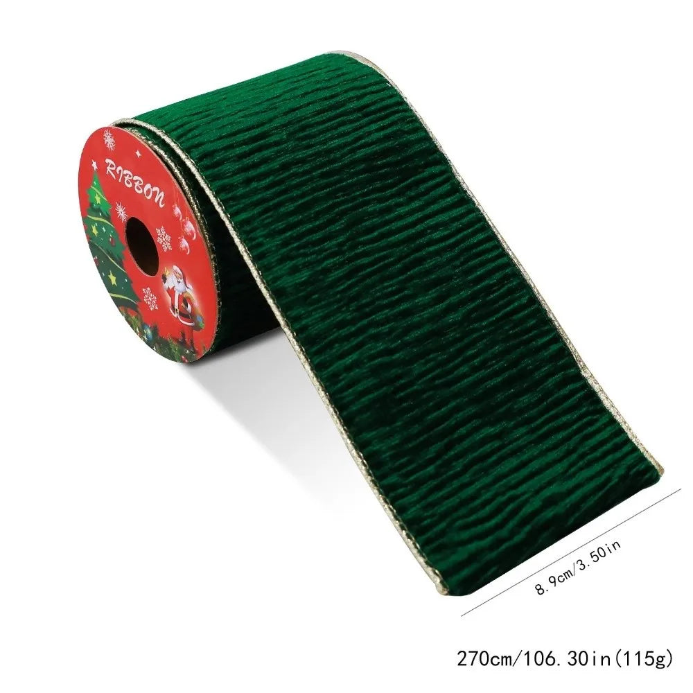 Christmas Velvet Ribbon 3 Yards – Gold Wire Edge, 8.9cm Wide