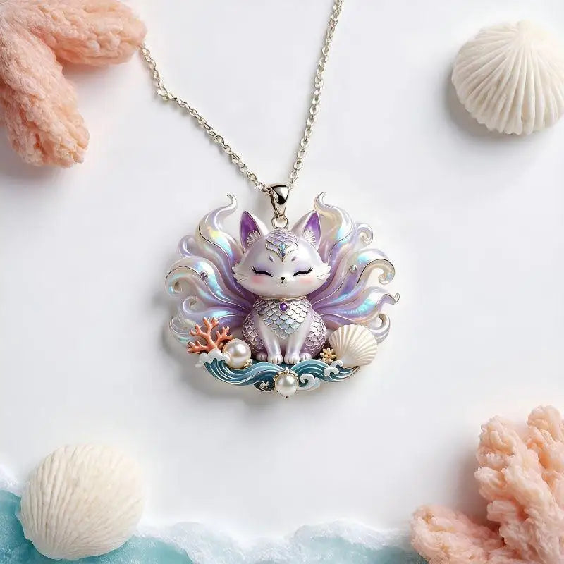 Nine-Tailed Fox Enamel Pendant Necklace | Chinese Mythology