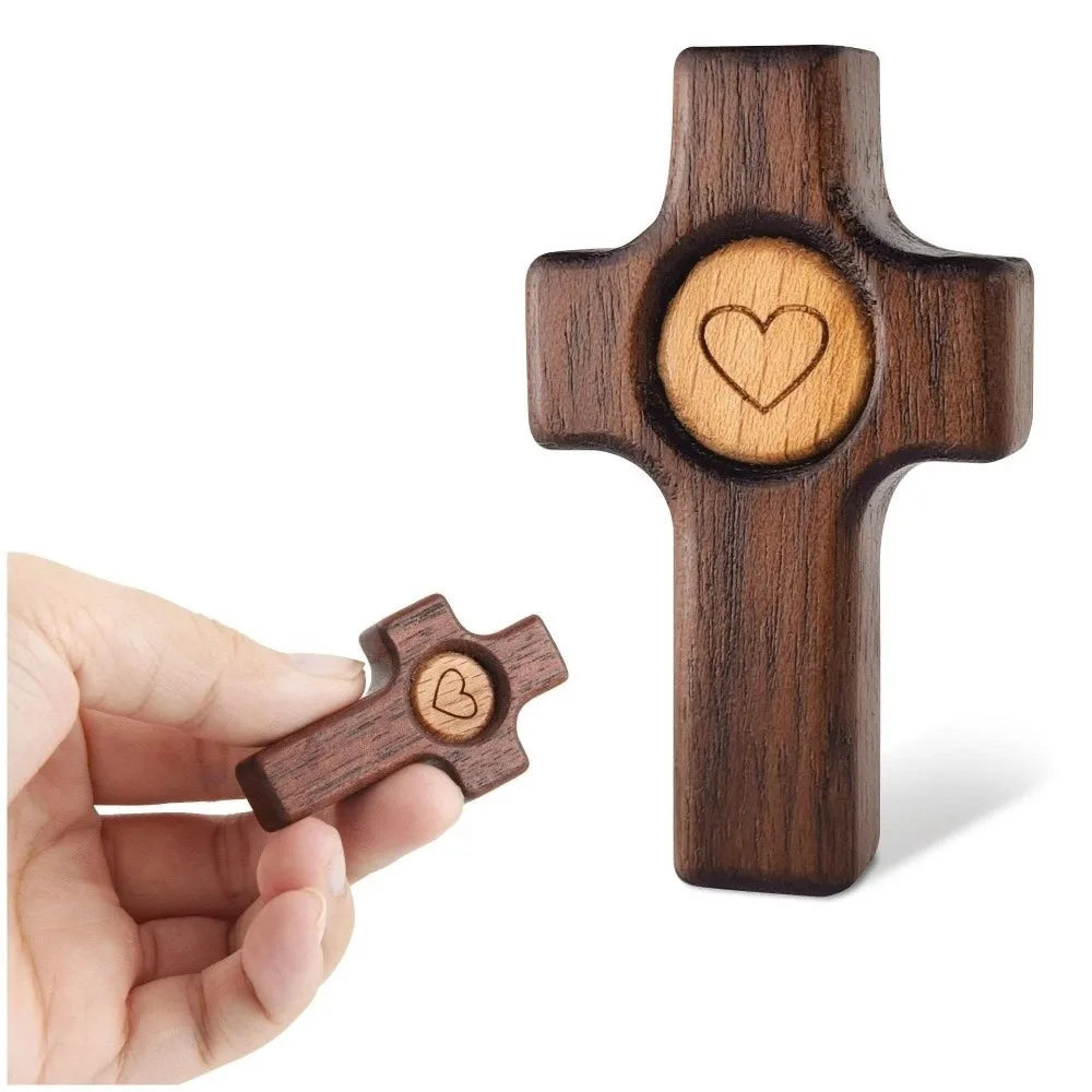 Walnut Wood Pocket Cross – Heart Pattern Spiritual Fidget