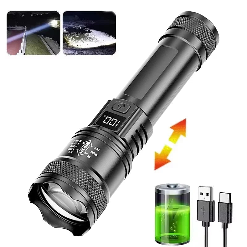 Tactical LED Flashlight USB Rechargeable Zoom Torch – 3 Modes