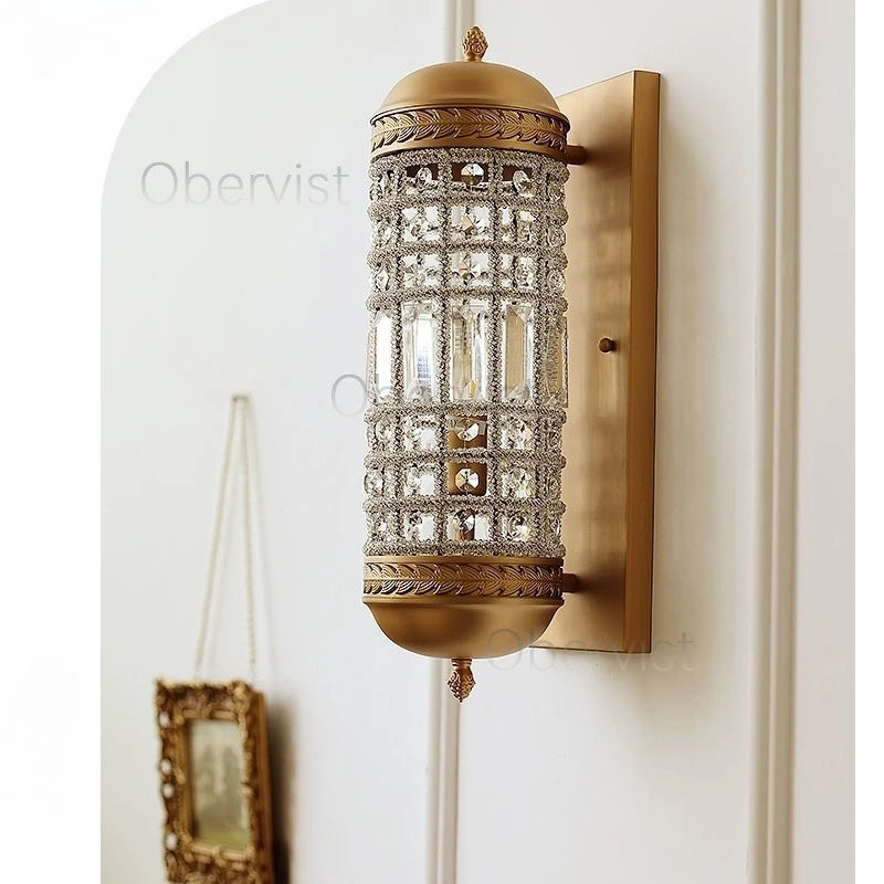 Vintage Crystal LED Wall Sconce | Gold Cylindrical Wall Lamp
