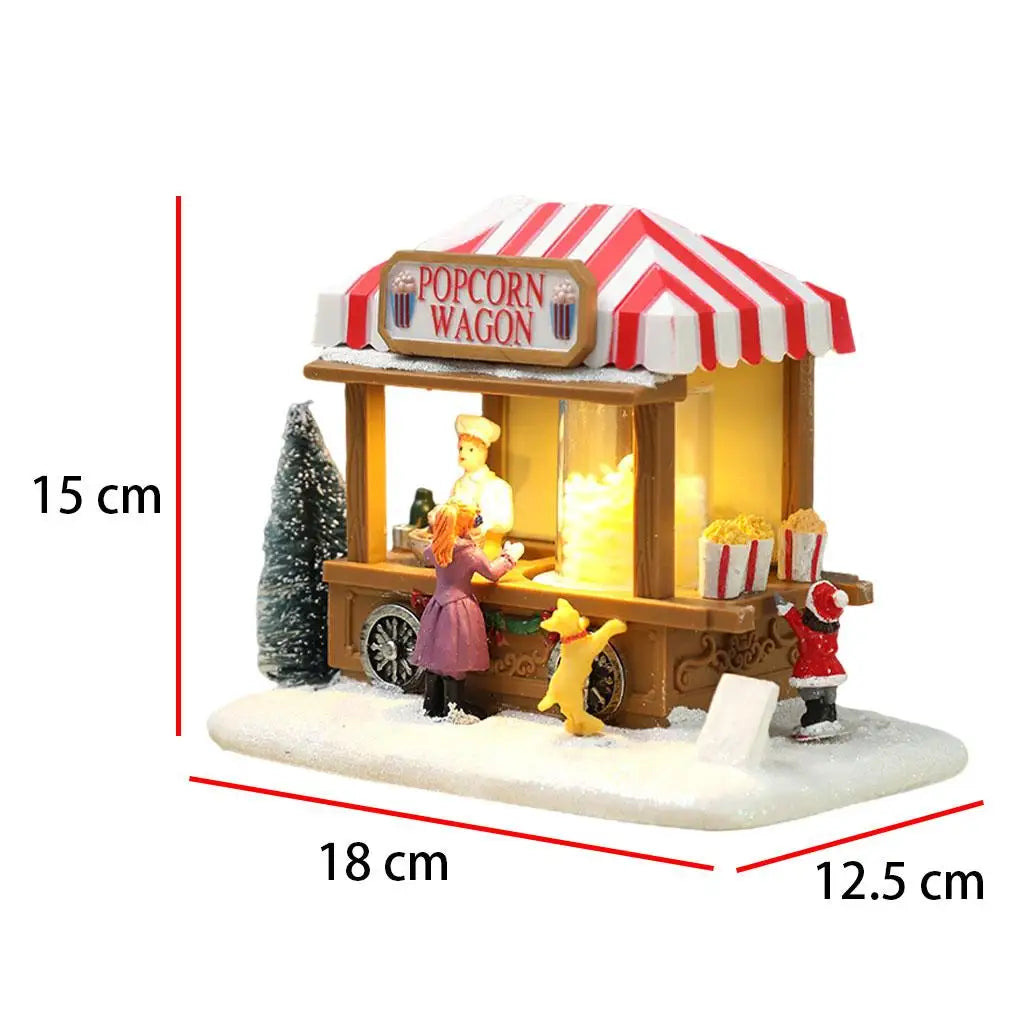 Vintage LED Christmas Snow Village House – Resin Popcorn Wagon