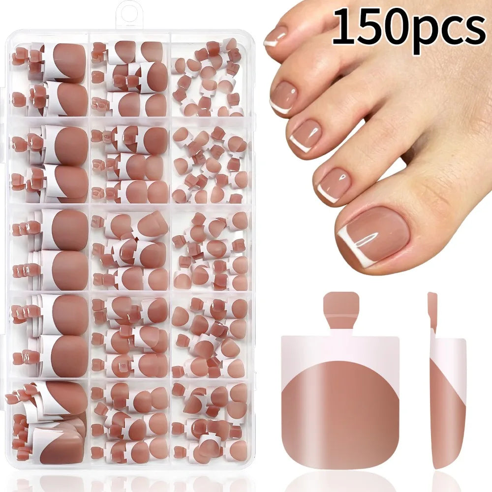 150-Piece Short Square Press-On Toenails – 15 Sizes, Nude & Pink