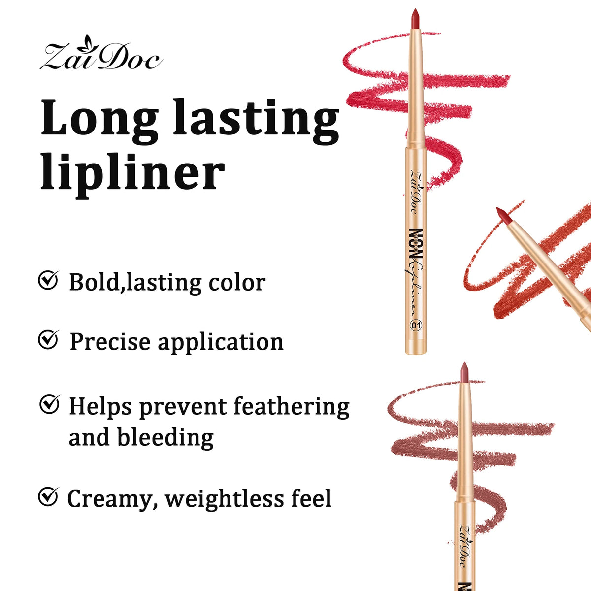 ZaiDoc 3-Color Lip Liner Set – Waterproof Smudge-Proof Pencil