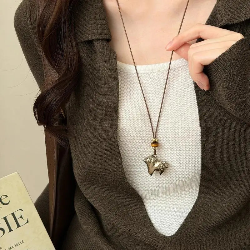 Women's Lamb Lariat Necklace – Tiger's Eye & CZ Pendant