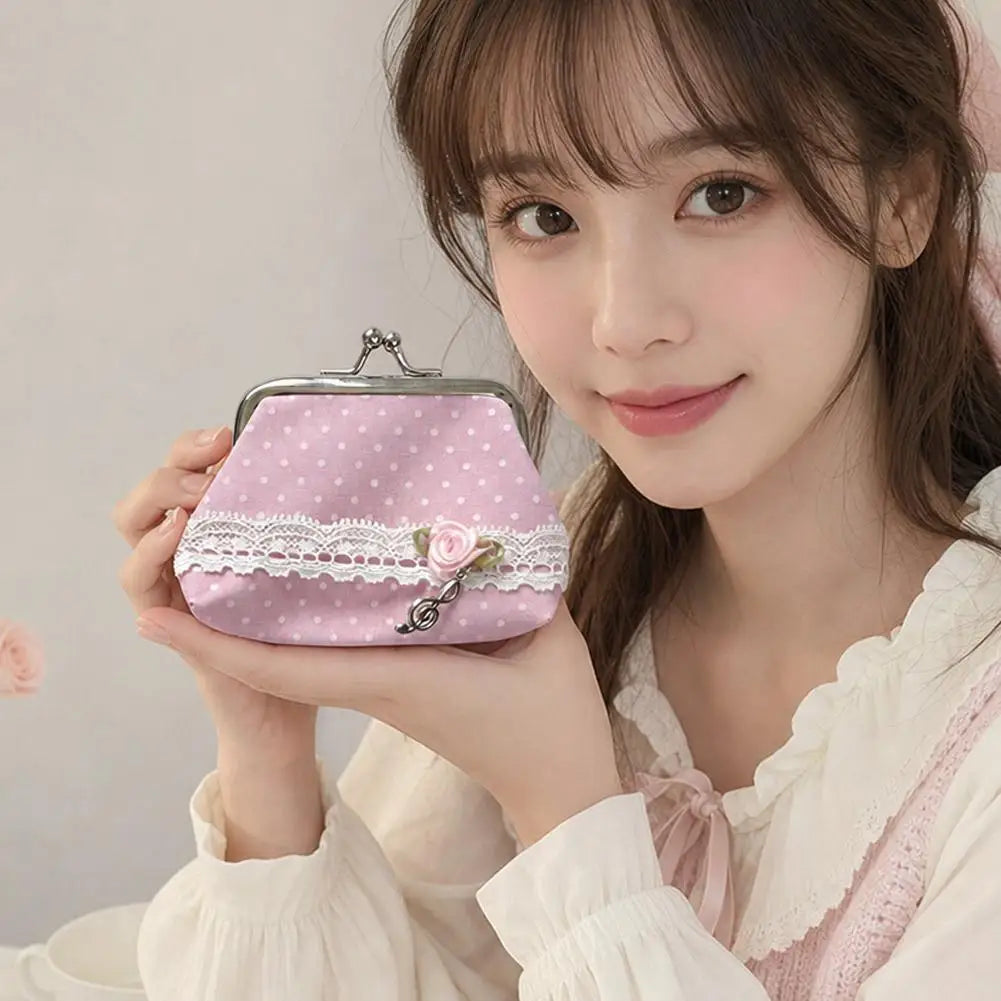 Y2K Lace Coin Purse – Vintage Polka Dot Mini Wallet Pouch
