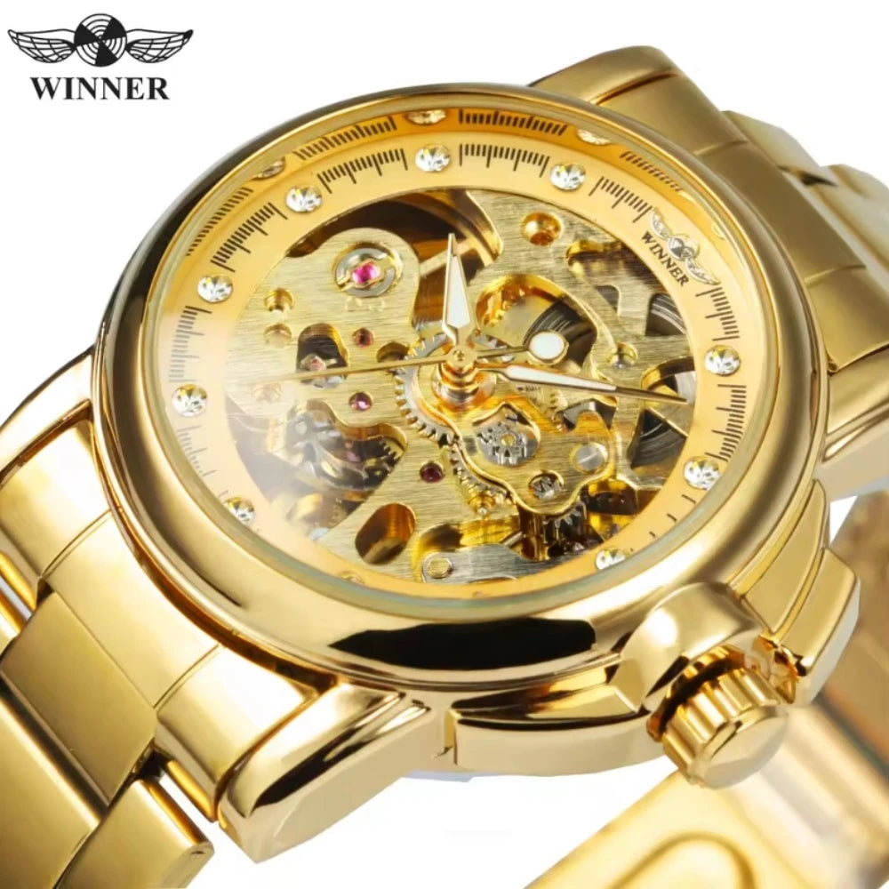 Women's Hollow Automatic Watch | Diamond Gold Mechanical Watch