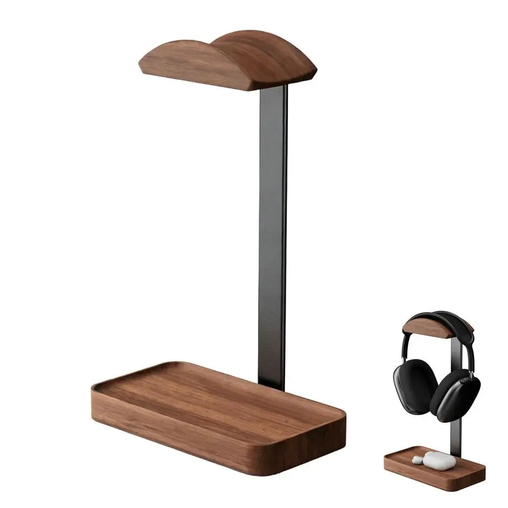 Walnut Wood & Aluminum Headphone Stand with Storage Tray