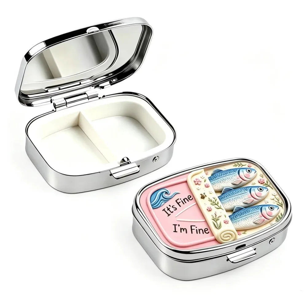 Sardine Print Metal Pill Box – 2-Compartment Mini Travel Case