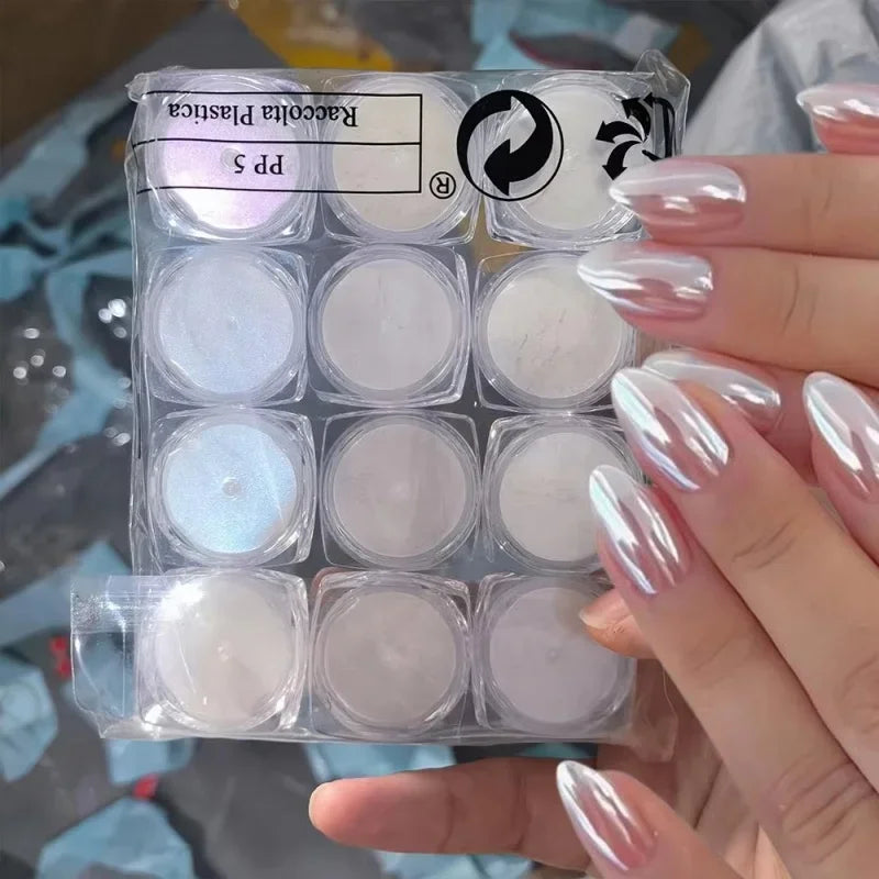 12-Color Aurora Chrome Nail Mirror Powder – Shimmer Pigment Set