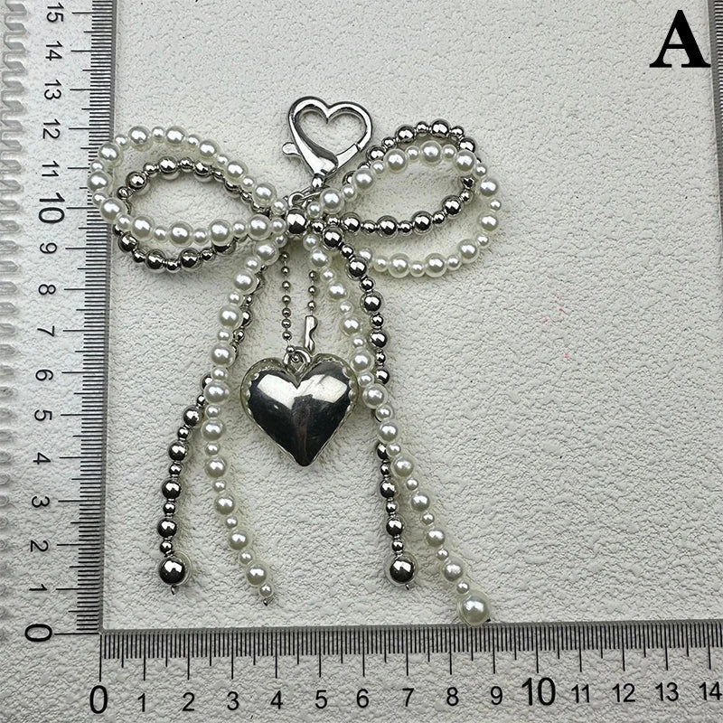 Sweet Bow Heart Bag Charm Keychain – Beaded Pendant Key Ring