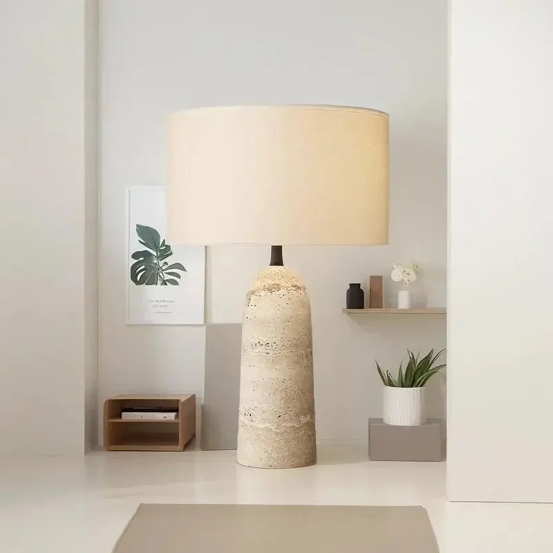 Wabi-Sabi Travertine Base LED Table Lamp | White Fabric Shade