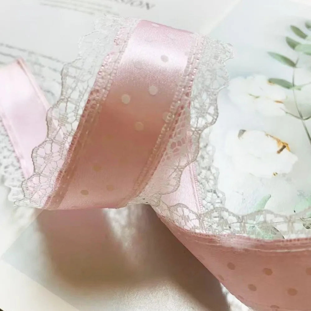 Polka Dot Satin Ribbon 4cm Wide – 10 Yards White Lace Trim
