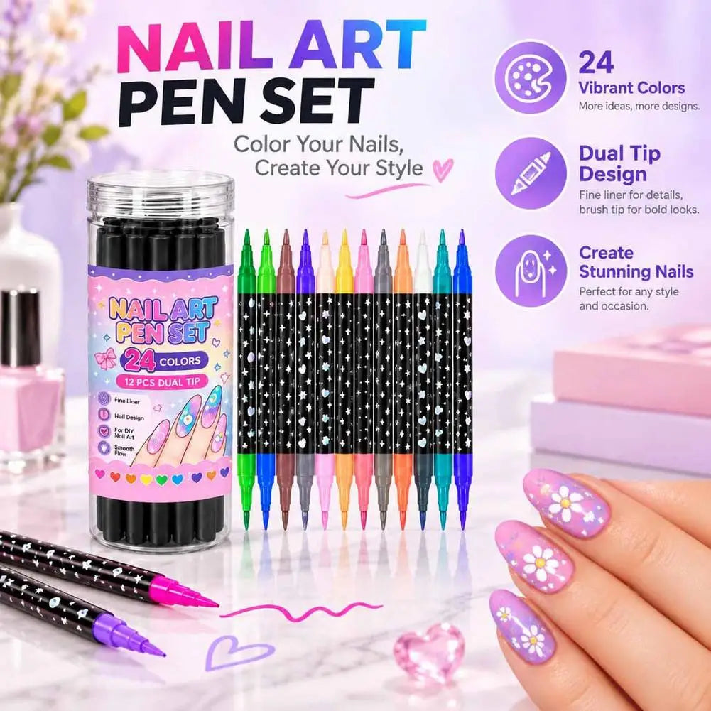 12-Pc Double-Ended Nail Art Pens – 24 Colors DIY Set
