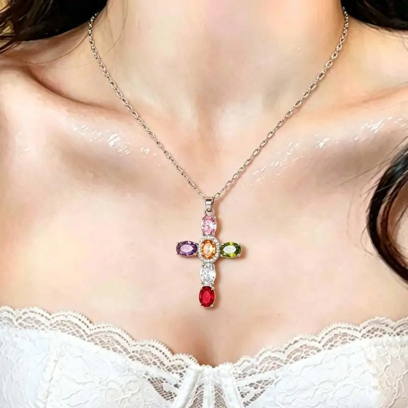 Y2K Colorful Zirconia Cross Pendant Necklace | Crystal Choker