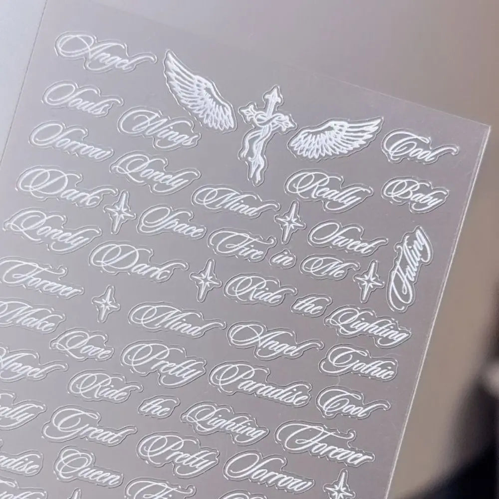Y2K Wing & Letter Nail Art Stickers – Black & White Decals