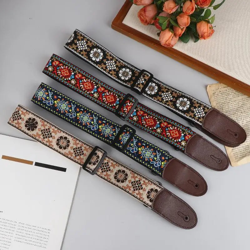 Embroidered Guitar Strap – Adjustable PU Leather & Cotton