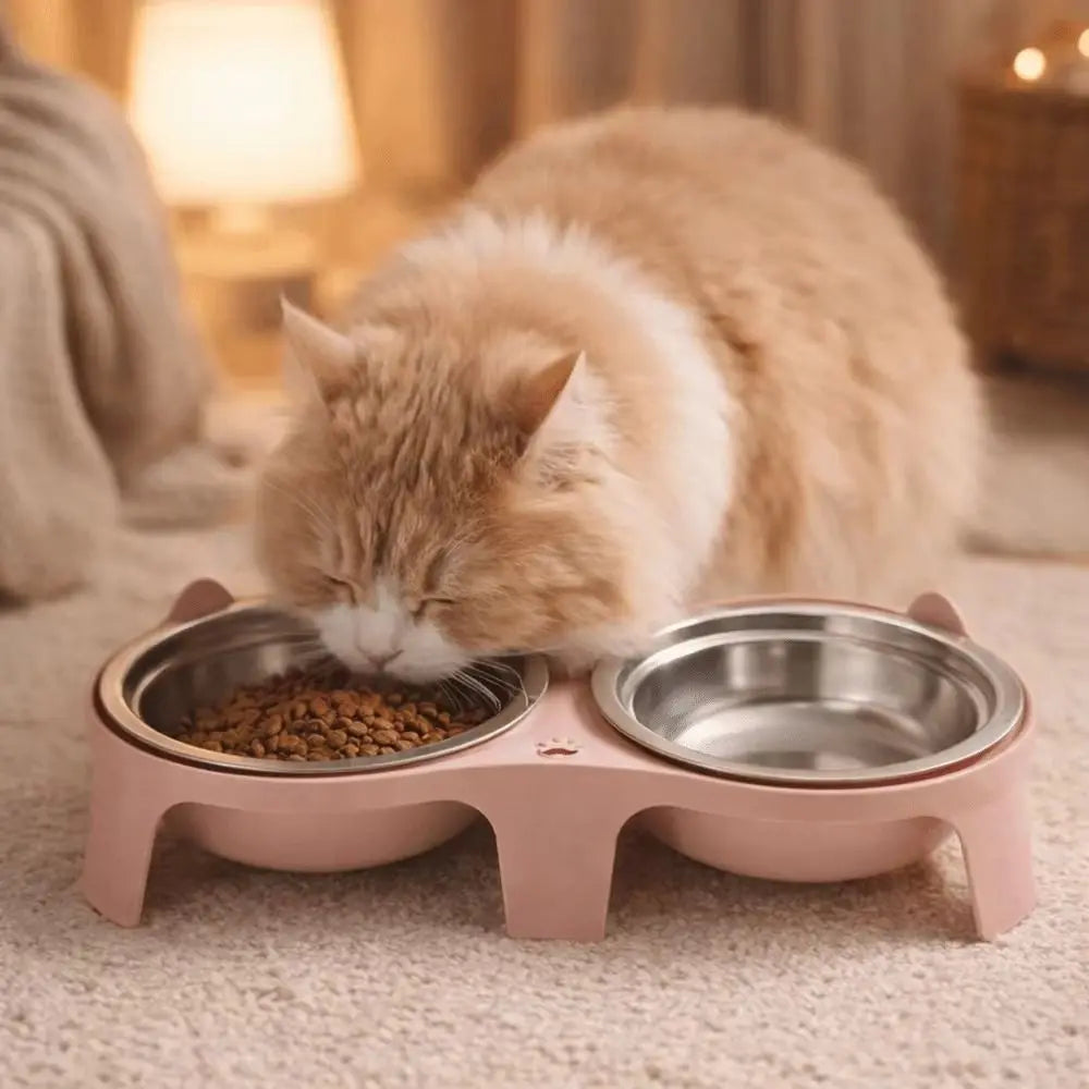 Raised Double Cat Bowl Set – Stainless Steel & Plastic Stand