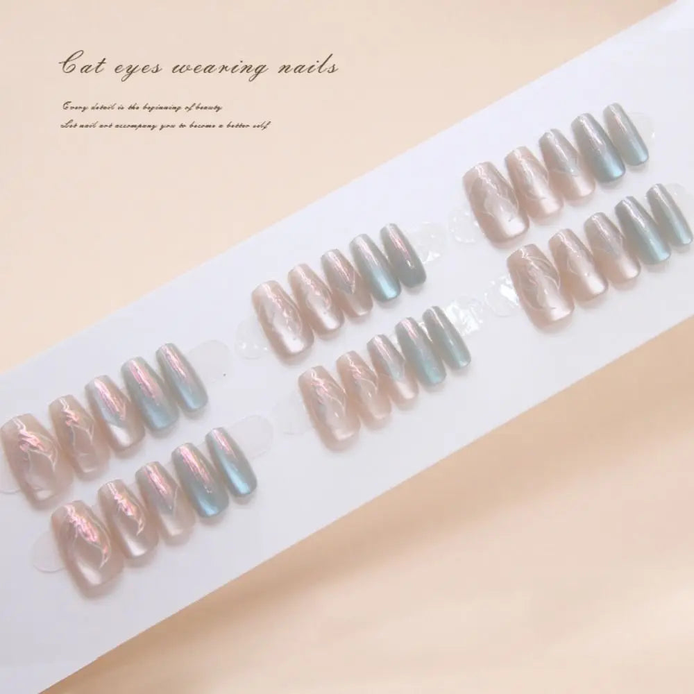 Long Square Press On Nails – French Cat Eye Tips 24pc Set